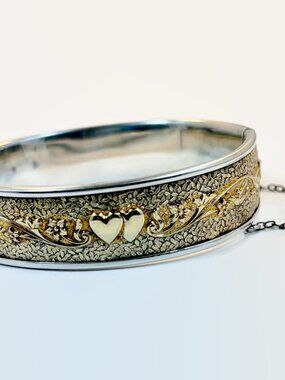 Vintage Bracelet, Bangle, Bigney, Hinged, Sterling SIlver, Gold Wash, Hearts